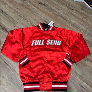 FULL SEND Mens's Sz Small Nelk Boys Satin RED Bomber Varsity Jacket RARE